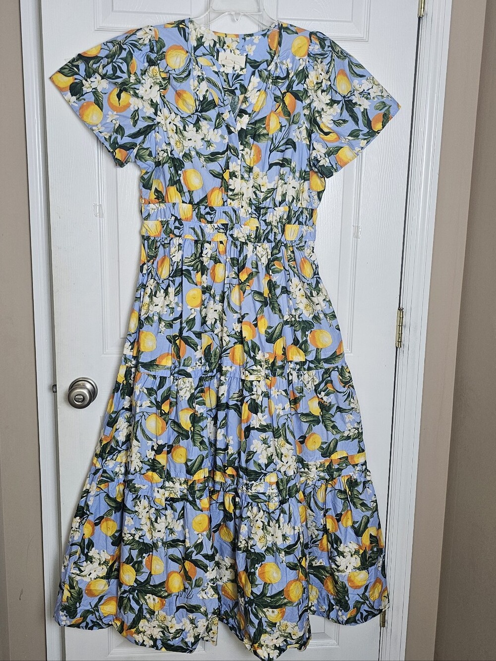 Anthropologie Somerset Blue Tiered Lemon Maxi Dress Size Large Pockets Smocked - Picture 11 of 11